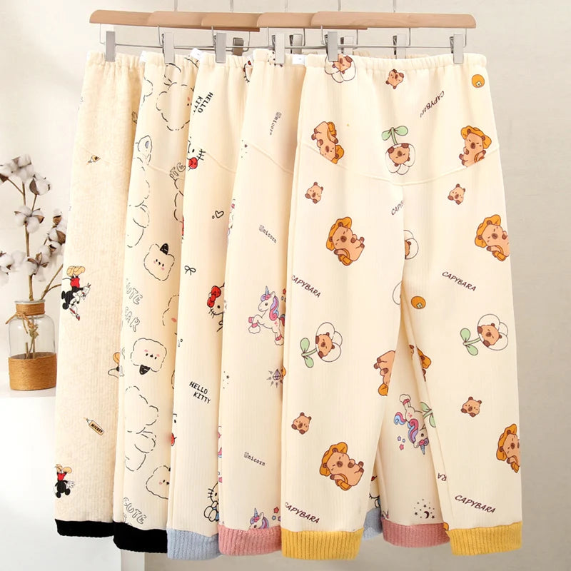 Mickey Thermal Winter Maternity Pajama Pants Adjustable Waistband Soft Fleece Pregnant Women Sleepwear for Autumn Winter Nursing
