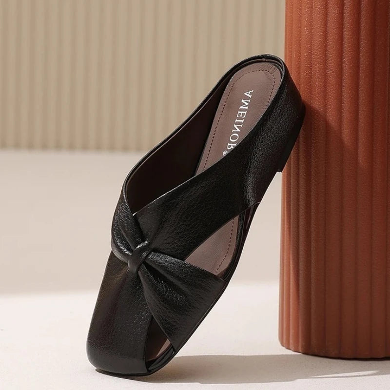 2025 Women Fashionable and Versatile Shoes Brand Slippers Casual and Comfortable Bowknot Casual Leather Slippers