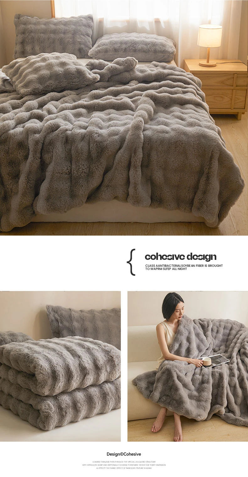 Ultra Soft Luxury Flffy Faux Rabbit Fur Blanket, Thick Winter Warm Throw Blankets, Plush Cozy Bubble Fleece Blankets Home Decor