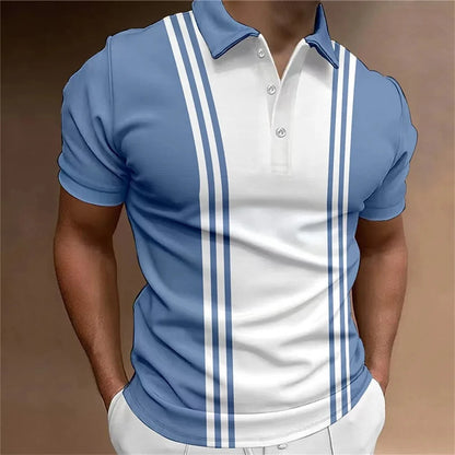 Men's Button Polo Shirt Collar Short-sleeved Pullover Sports Summer Casual Button Striped Collar Trend T-shirt Tops
