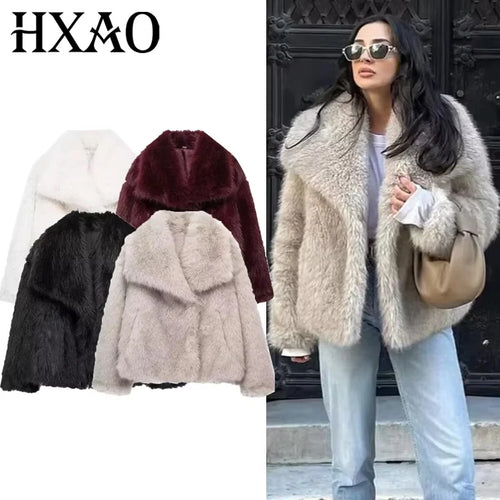HXAO 2024 Woman Autumn Winter Faux Fur Coat Plush Fluffy Women's Jacket New in Outerwears White Red Gray Black Wool Blends Coats