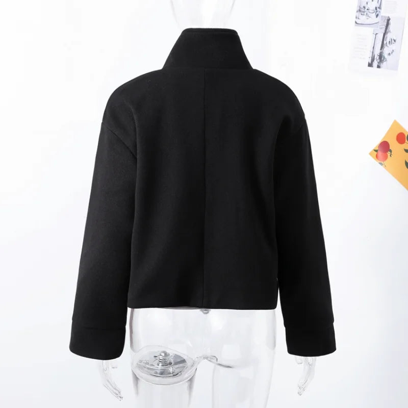 Casual Solid Loose Jackets Women Fashion Full Sleeve Single Breasted Stand Collar Short Coats Female 2025 Autumn Lady Outwears