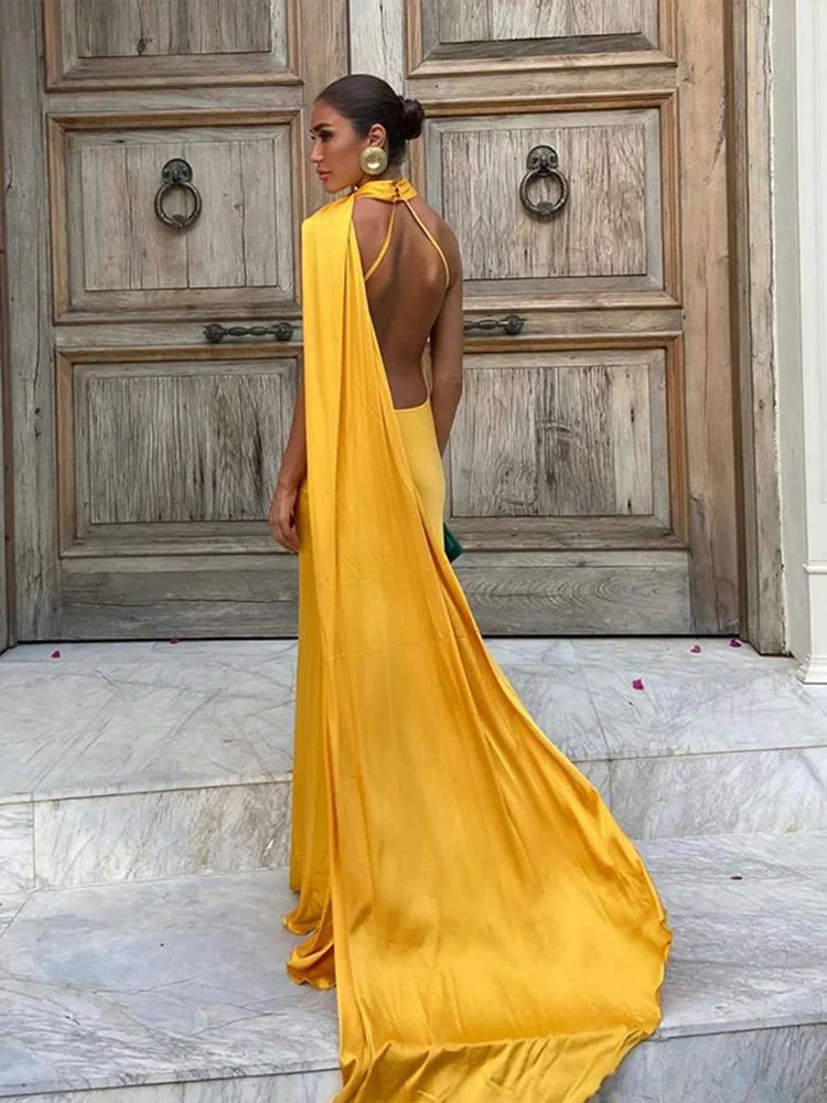 Elegant Ribbon Halter Dress Women Solid Off Shoulder Sleeveless Backless Slim Maxi Dresses 2026 Summer Autumn Party Robes Lady