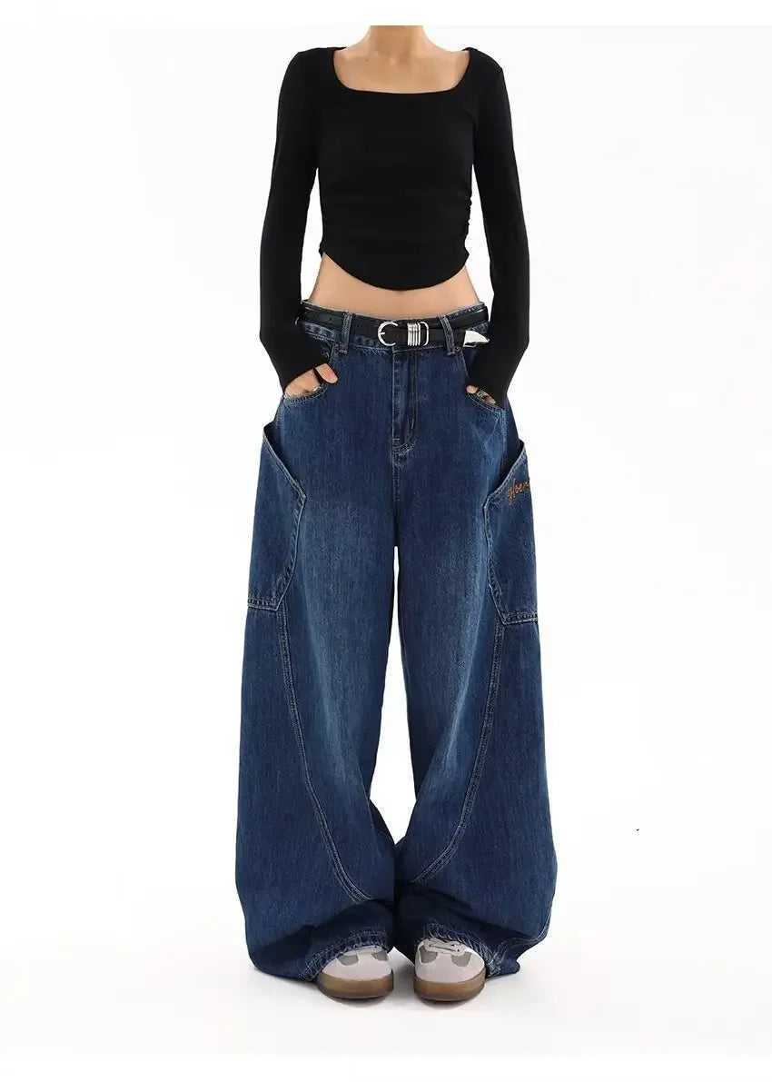 American Retro Knife Pocket Wide Leg Jeans Women's Spring Autumn Style Hot Girl High Street Design Loose Floor-Length Pants