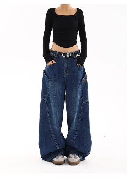 American Retro Knife Pocket Wide Leg Jeans Women's Spring Autumn Style Hot Girl High Street Design Loose Floor-Length Pants