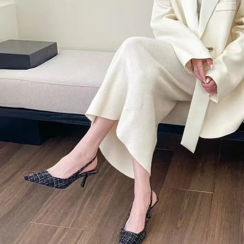 Fashion brand designed knitted platform heels for women, pointed-toe party shoes, comfortable large-size summer stiletto sandals