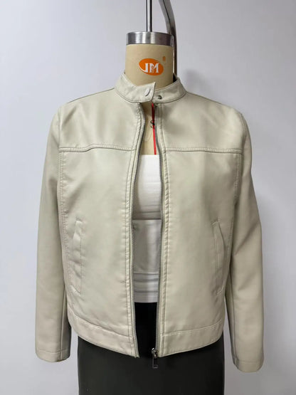 Black Women's Fitted Leather Jacket with Front Zipper & Side Pockets‌, Available in Brown, Navy Blue, and Beige.