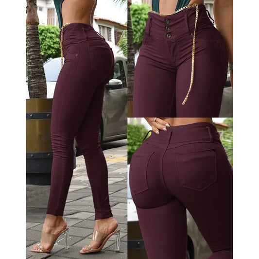 Spring Autumn New Pants Trousers Women's Solid Color High Waist Button Skinny Pants Women's Fashion Slim Fit Pencil Pants
