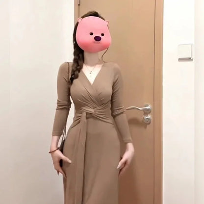 Elegant French V-neck Knot Slimming Base Layer Wrap around Skirt Long Sleeve Uneven Waist Cinched Gentle Dress