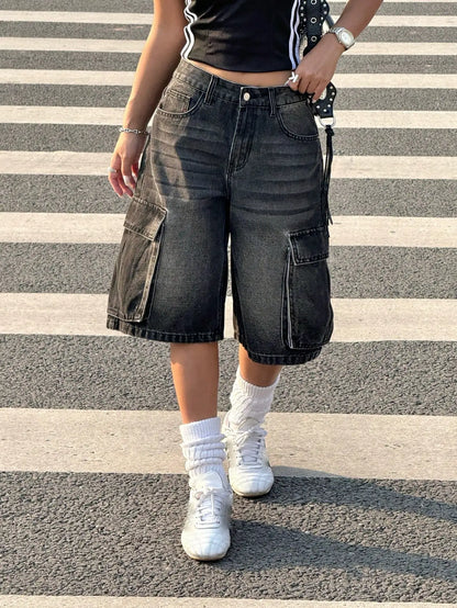 American retro workwear denim shorts women's summer new style loose side three-dimensional large pocket casual five quarter pant