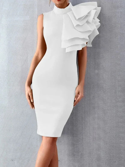 Summer Fashion Bodycon High Neck Sleeveless One Shoulder With Flower Ruffle Elegant Evening Dress