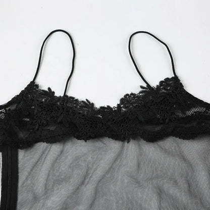 Shestyle Lace Transparent Mini Dress Sexy Women Wrapping Spaghetti Embroidery Flower Sheath Nightwear Club Mesh Wave Fantacy