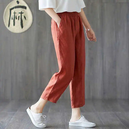 Womens Spring Summer Pants Cotton Linen Solid Elastic waist Candy Colors Harem Trousers Soft high quality for Female ladys M-4XL