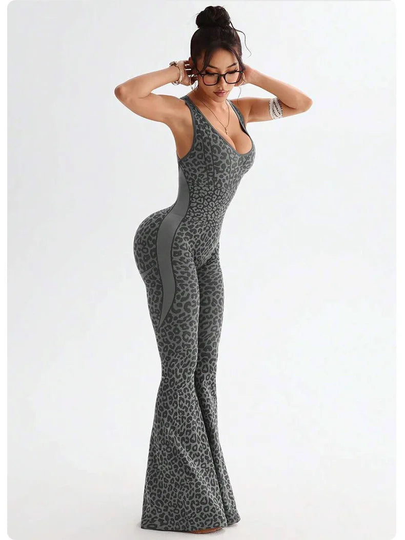 New Leopard Print Bodysuit Women Seamless Flared Pants Jumpsuits Sexy One-piece Fitness Suit Cross Back Stretchy Yoga Jumpsuits