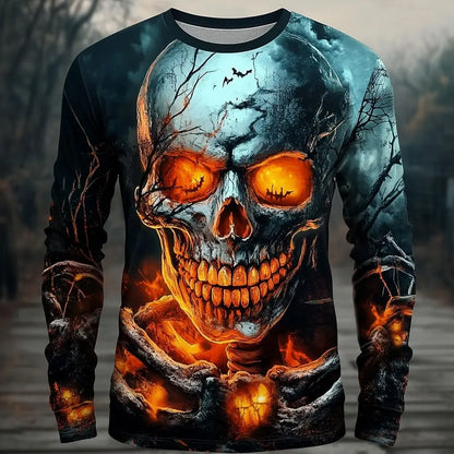 3D Terror Skull Print Men's Long Sleeve T-shirt Halloween Dress Up Street Hip Hop y2k Clothes Fashion Fall Long Sleeve Tops Tees
