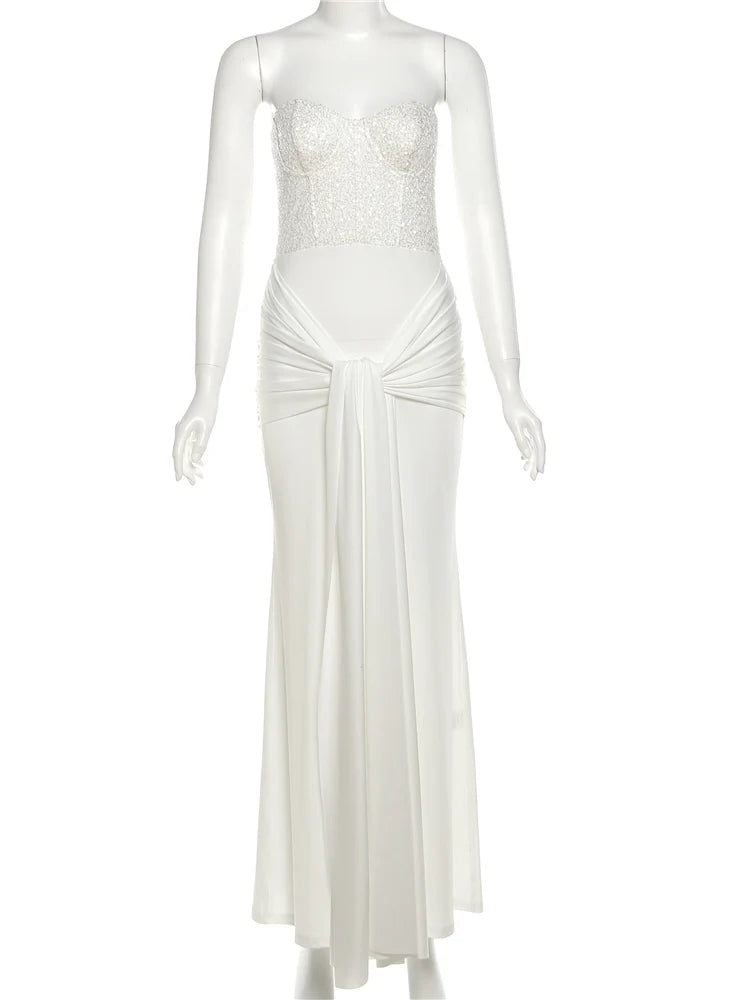 Sisterlinda Sexy Strapless Dress Woman Sequins Patchwork Backless Knot Ribbon Wrap Hip Midnight Prom Party Elegant Long Bodycon