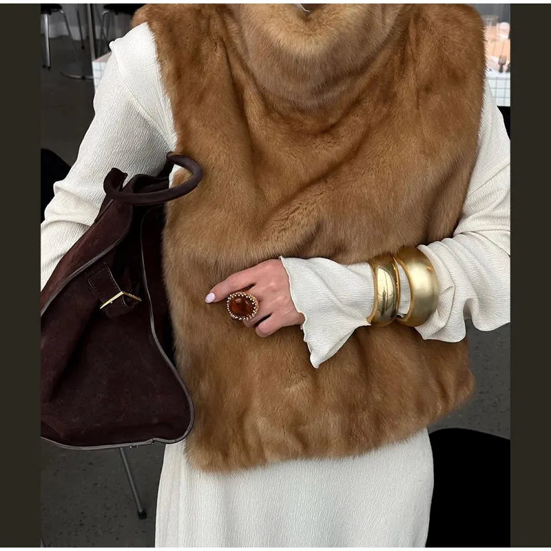 Solid Faux Fur Vest Crop Top Women Fashion Turtleneck Fluffy Short Tank Tops 2025 Winter Female Elegant Sleeveless Jacket Coat