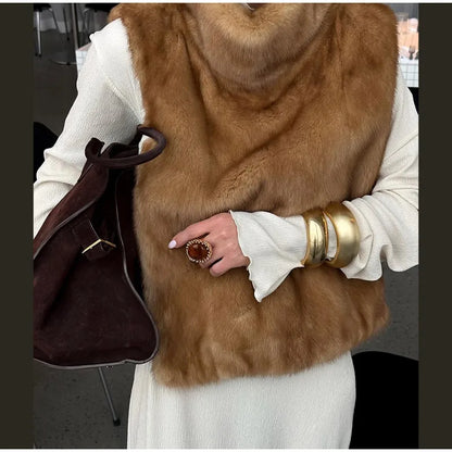 Solid Faux Fur Vest Crop Top Women Fashion Turtleneck Fluffy Short Tank Tops 2025 Winter Female Elegant Sleeveless Jacket Coat