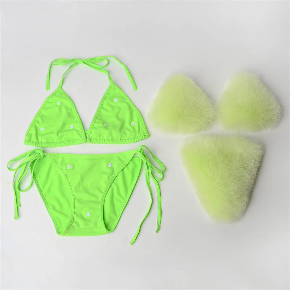 Summer Women Fake Fox Fur Sexy Halter Solid Color Bikini Set Swimsuits Triangle Sexy Bikini Set Faux Fur Swimsuit Plush Swimwear