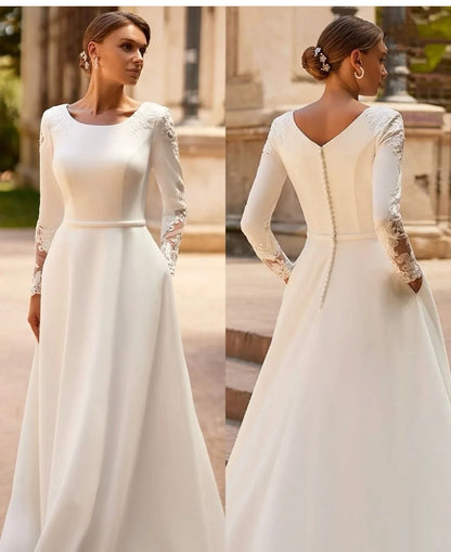 Customized Elegant Women Wedding Dresses Long Sleeves Buttons Robe De Marie Stunning With Pocket Lace Appliqués Bride's Dress
