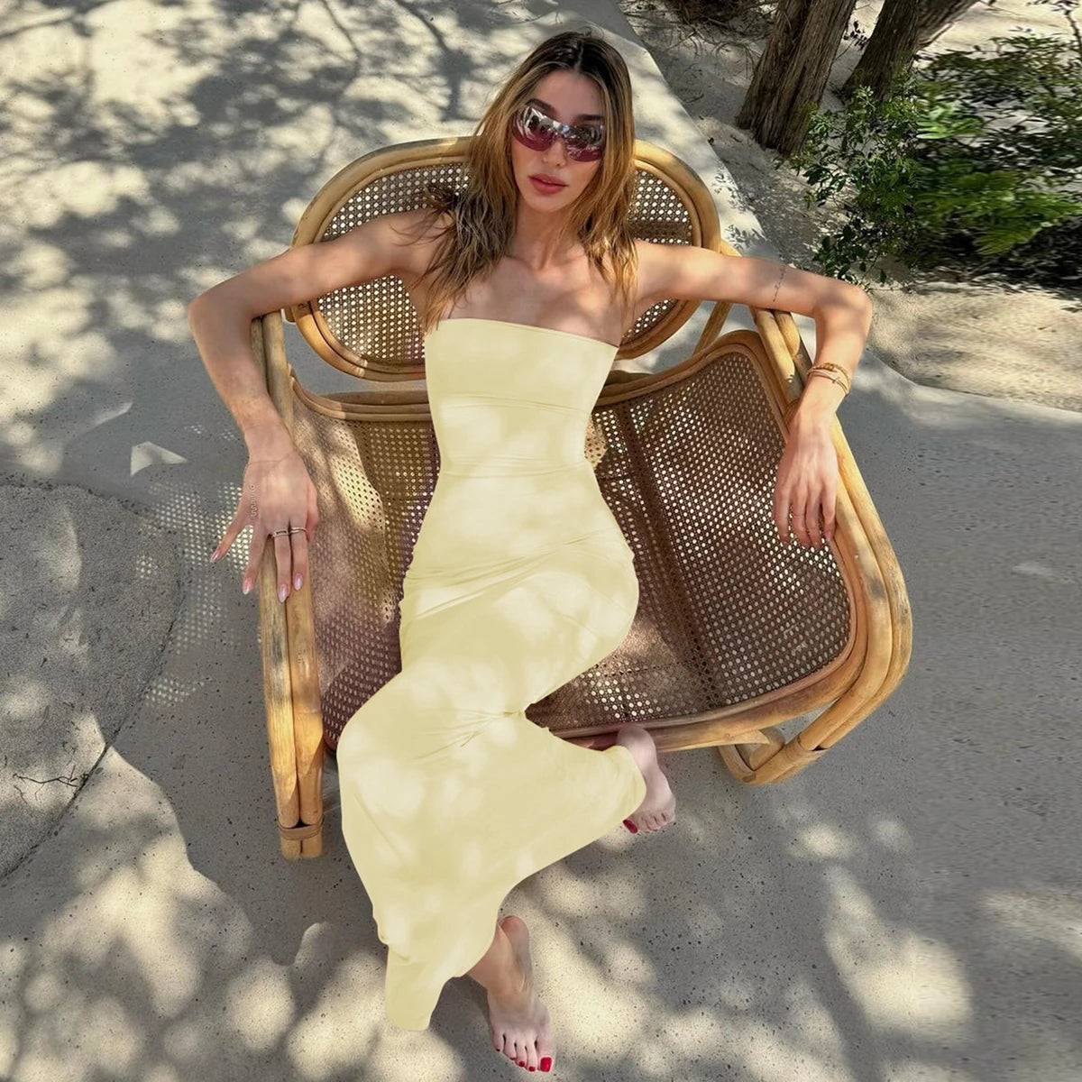 Hugcitar Elegant Women Solid Strapless Backless Bandage Sexy Bodycon Maxi Dress Summer Women Y2K Clothes Beach Vacation Party