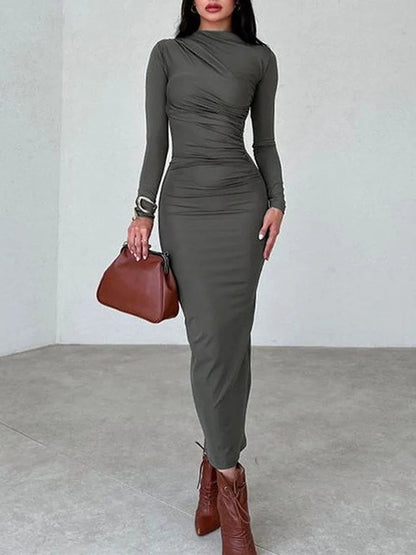 Women Elegant Solid Black Bodycon Maxi Dress Long Sleeve Lady O-neck Evening Party Vestidos Robe