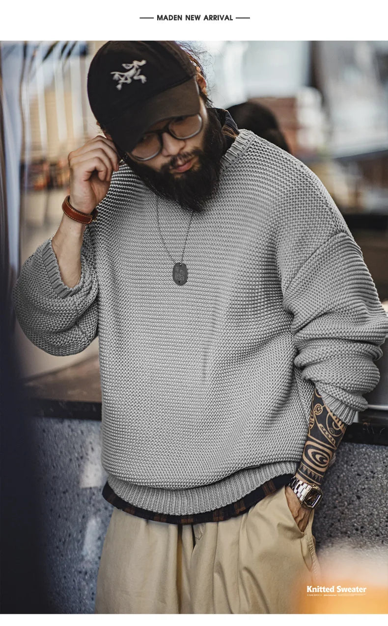 Maden Retro Heavyweight Knitted Sweater Loose Round Neck Pullover Warm Versatile Base Layer Knitwear for Men's Autumn and Winter