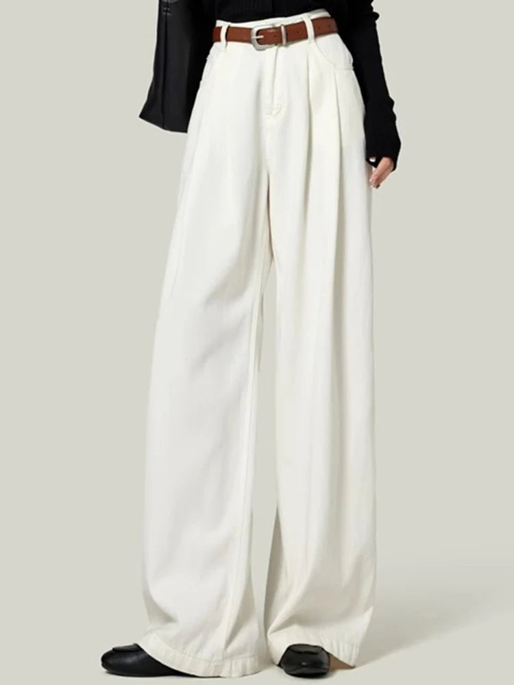 Woman High Waist Straight Leg Jeans Lady Loose Denim Wide Leg Pants Girls Korean Khaki Retro Blue Light Blue Gray White Trousers