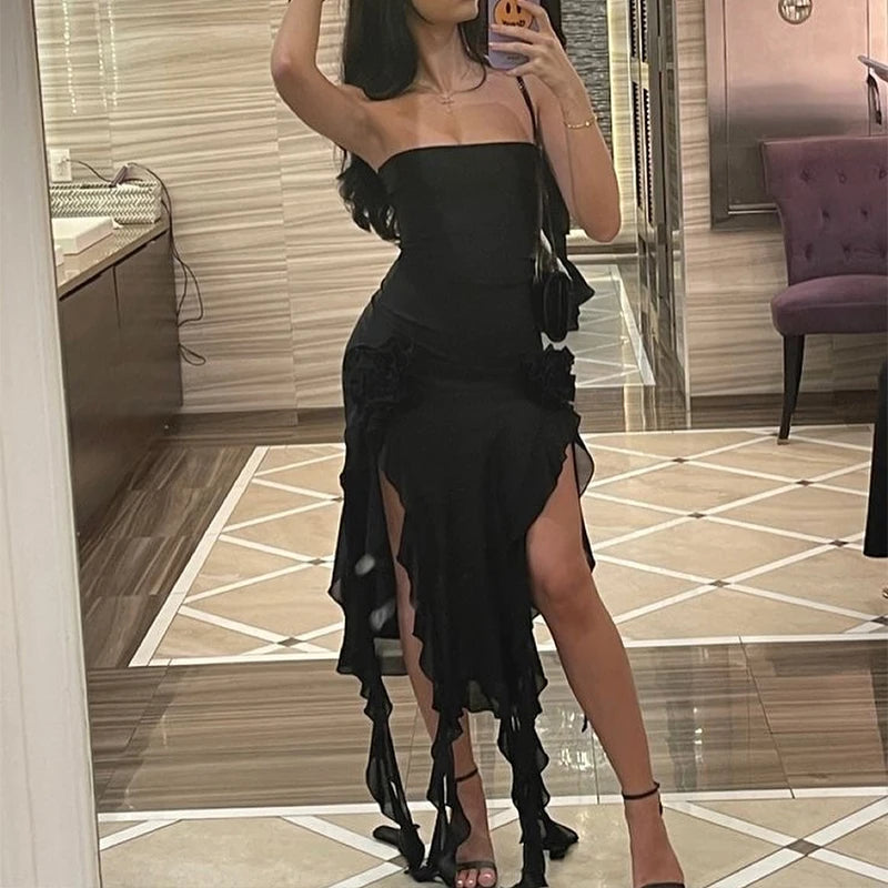 Women Strapless Sexy Floral Fold Hemline High Slit Mini Dress 2025 $ 2026 Solid Backless Sleeveless Black And Pink Party Dress Vestidos