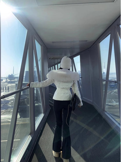 White Large Fur Collar down Jaet Women's 2025 Winter New Design Ultra Slim Lightweight Hooded White Du down Outerwear