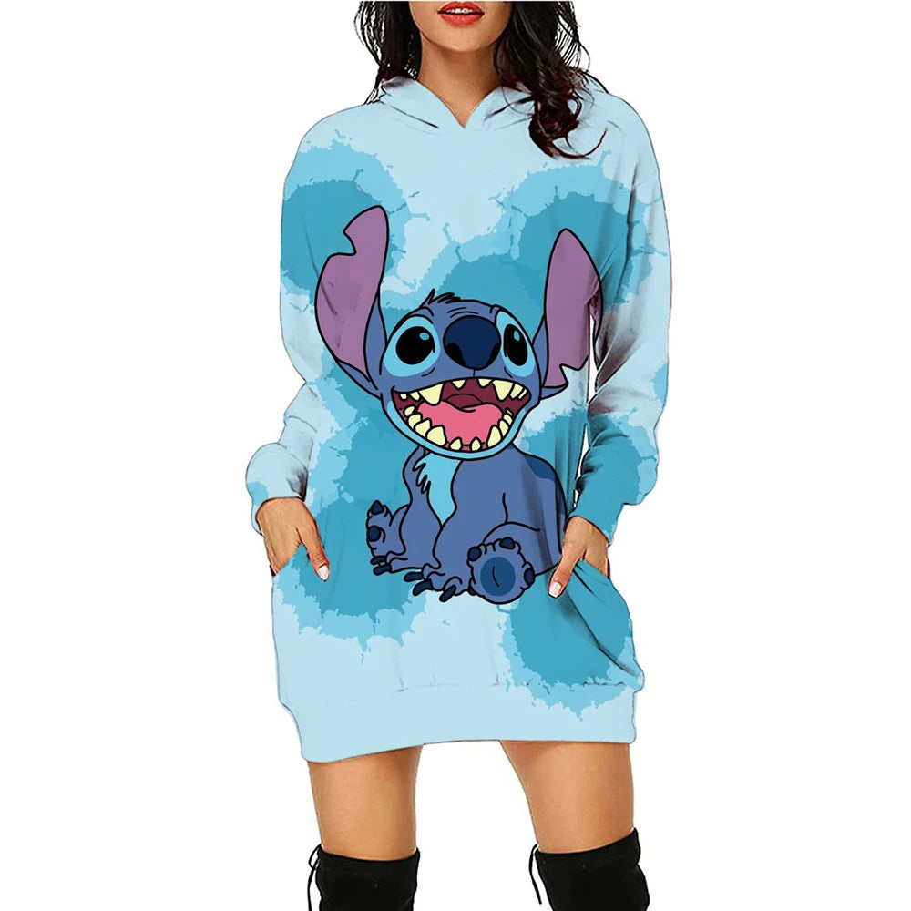 Y2k Stitch Dresses for Women 2024 Disney Woman Clothes Mini Dress With Hood Hoodie Kawaii Fashion Luxury Party Sweater Dress 3XL