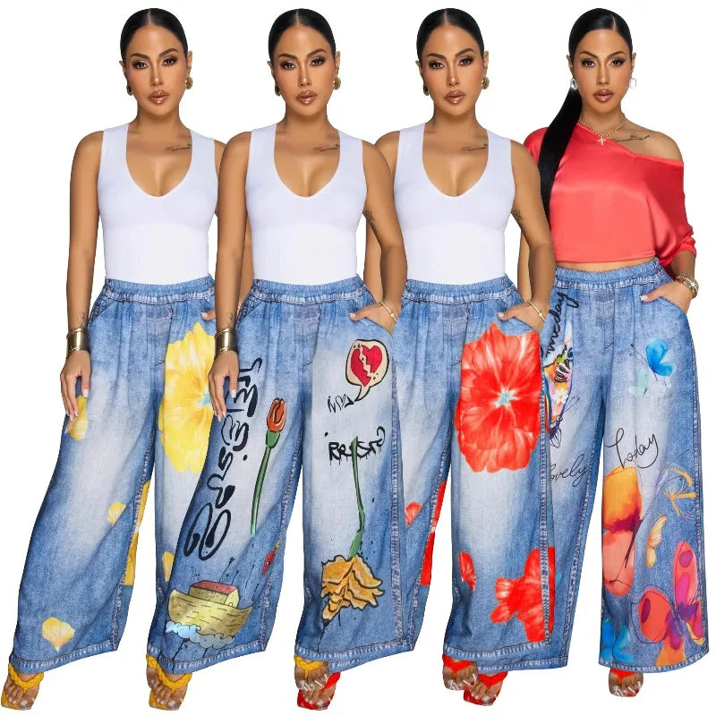 KEXU Women's Tie Dye Printed Wide Leg Casual Loose Long Pants Streetwear