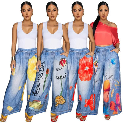 KEXU Women's Tie Dye Printed Wide Leg Casual Loose Long Pants Streetwear