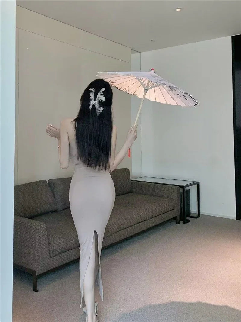 Elegant High Waist Long Sleeveless Dress Neck Hanging Wrap Skirt Slimming Goddess Style Polyester Fiber round Neck Gown