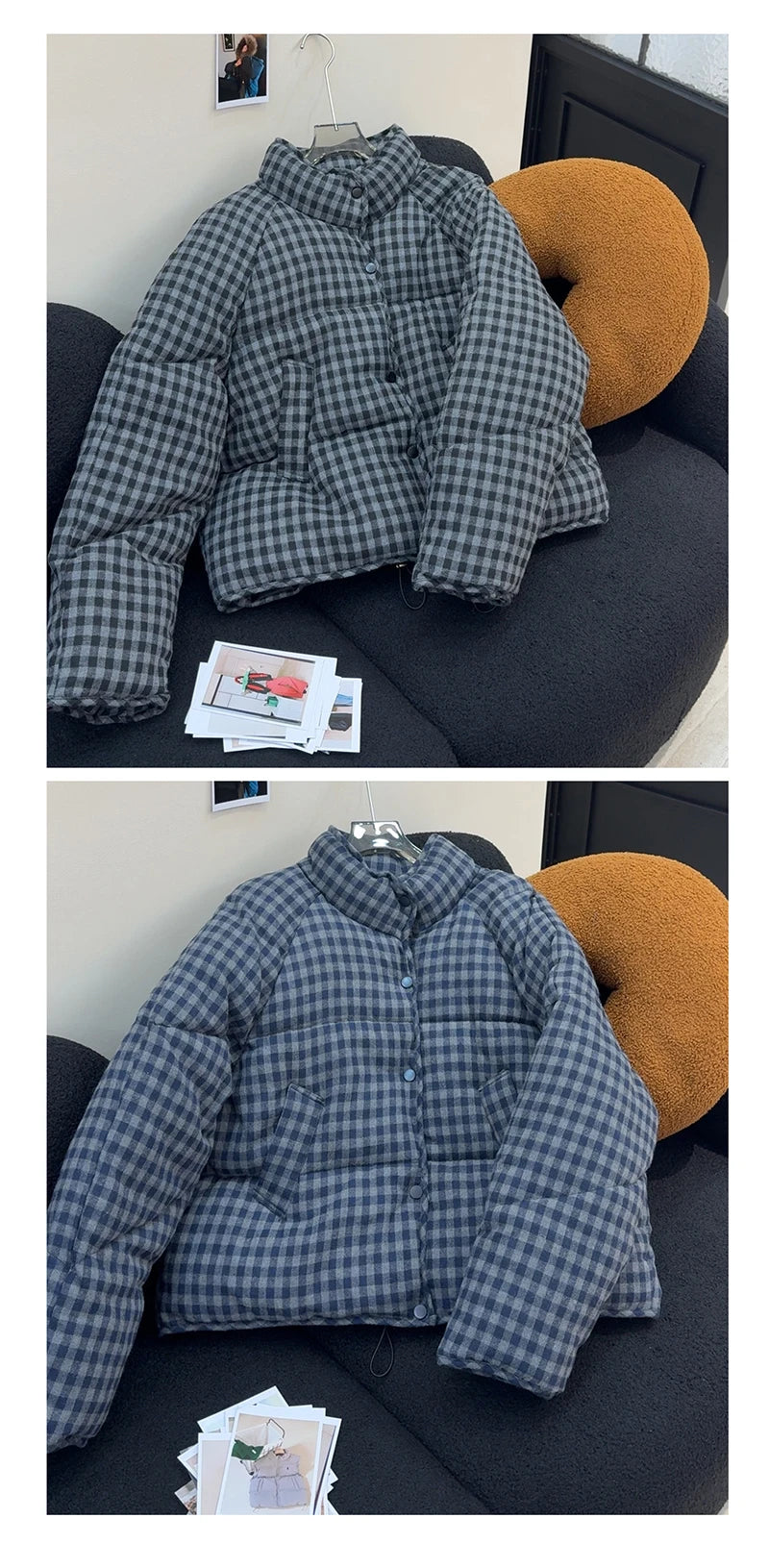 MEXZT Short Plaid Parkas Women Streetwear Stand Collar Puffer Jacket Winter Korean Down Coats Fashion Cotton Padded Outerwears