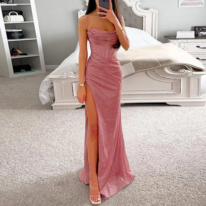 Women Evening Dress Spaghetti Strap Shiny Sequin Off Shoulder Sleeveless Low-cut High Split Loose Floor Length Women Prom Dress