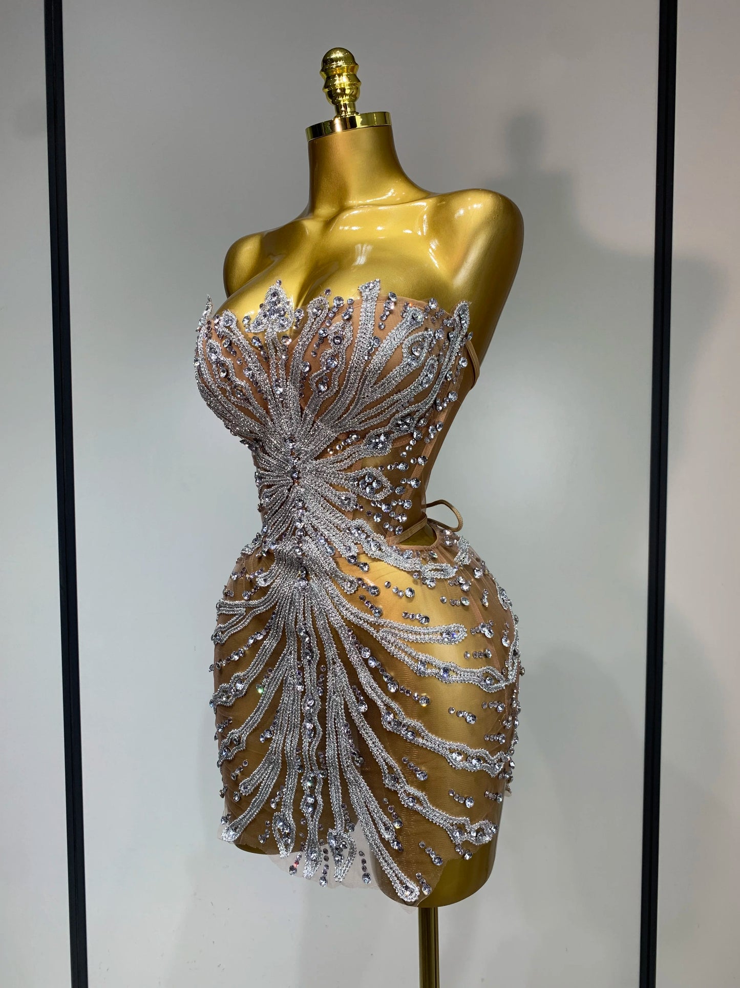 Women Sexy Strapless Rhinestones  Mini Dress Performance Costume See Through Stage Dancer Club Evening Party Birthday Dress