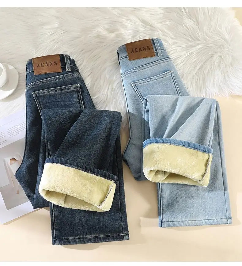 Woman High Waist Fashion Thermal Wide Leg Jeans Female Y2k Clothes Baggy Pants Girl Autumn Winter Snow Versatile Denim Trousers