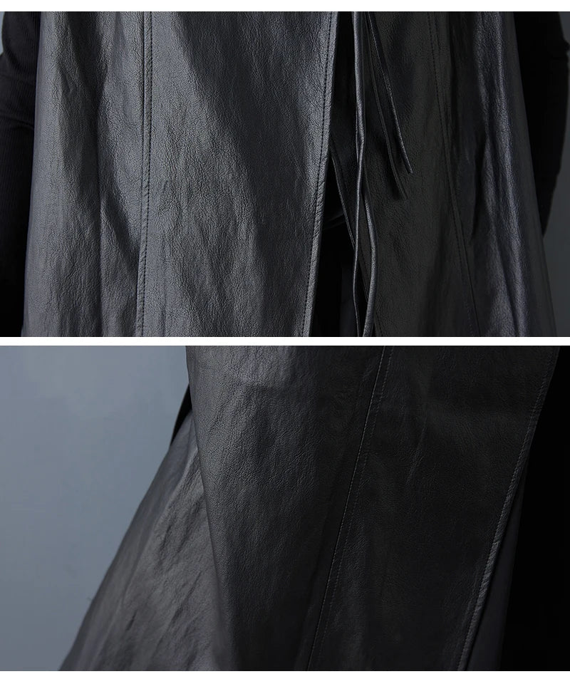 Casual Loose PU Leather Jaet Long Stand Collar Windbreaker Outerwear Faionable Design Sense Asymmetrical High-End Feeling