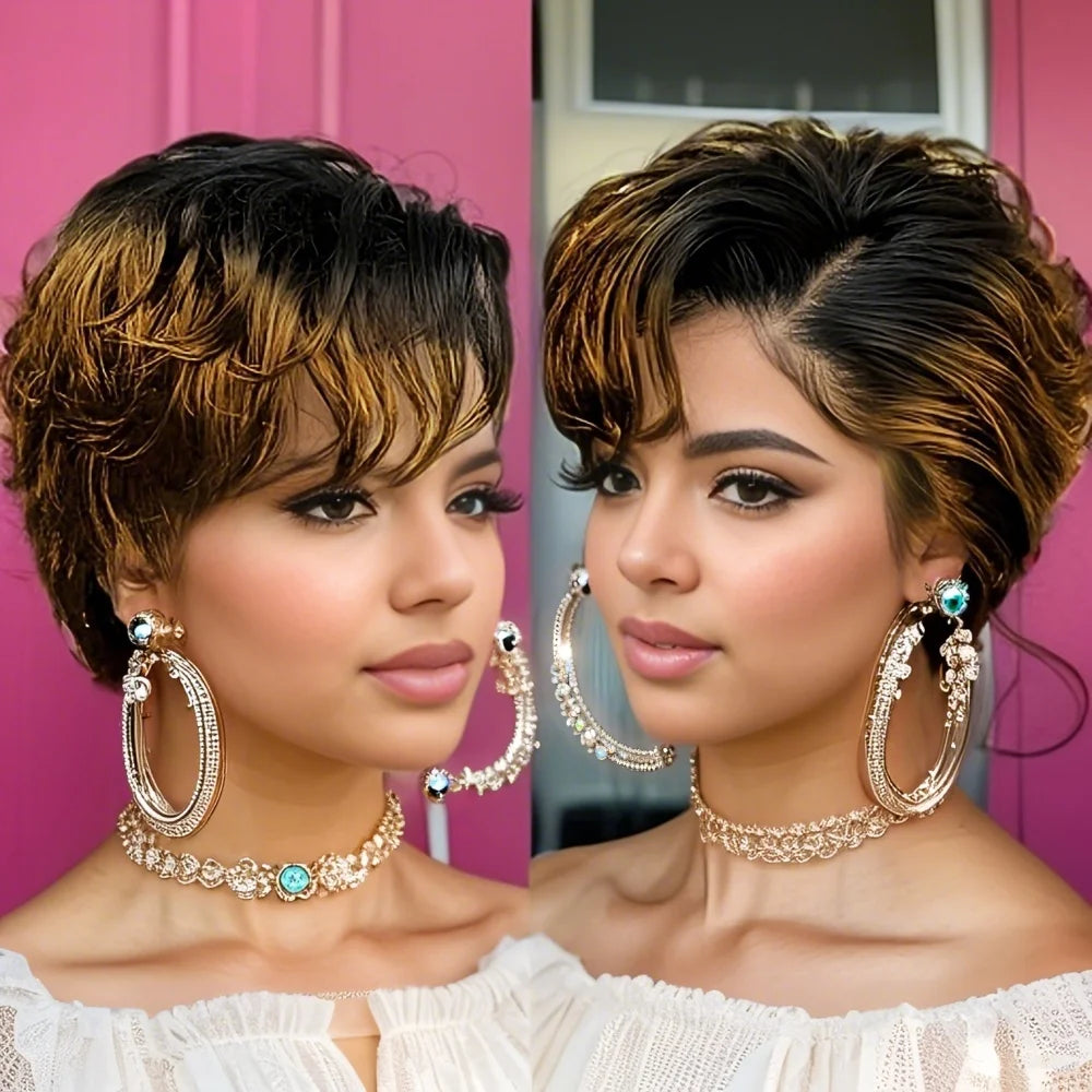 13x4 Lace Front Wig Human Hair Transparent Frontal Wig Pixie Cut Wigs Natural Wave Short Layered with Bangs Wig for Women