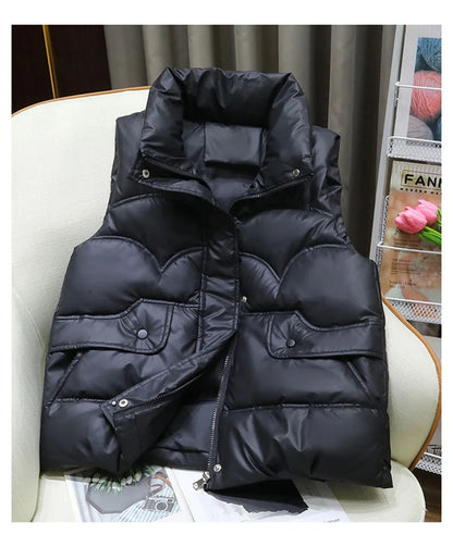 Down Cotton Vest Women 2025 New Autumn Winter Fashion Stand Collar All-Match Warm Sleeveless Waistcoat Jacket Ladies Female Tops