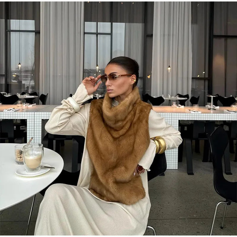 Solid Faux Fur Vest Crop Top Women Fashion Turtleneck Fluffy Short Tank Tops 2025 Winter Female Elegant Sleeveless Jacket Coat