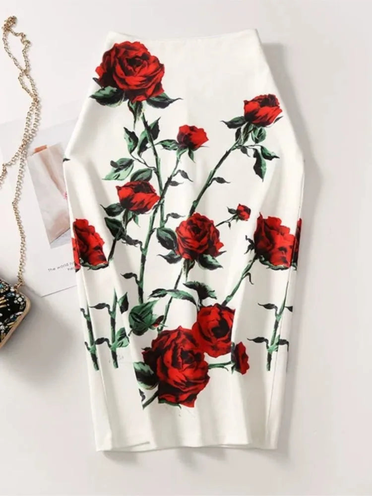 Women Vintage Flower Print Bodycon Skirt Slim Midi Sexy Elegant Pencil Skirt Bag Hip Bandage Skirt Hip Wrap Lolita Short Skirt