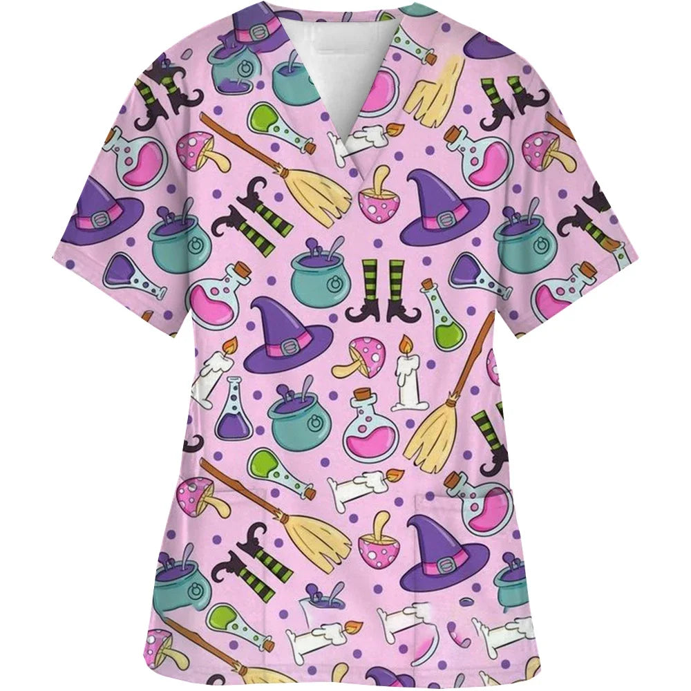Women Short-Sleeved V-Neck Nurse Top Halloween Women's Fashion Casual Printing Top Protective Work Suit Medical Working Uniform
