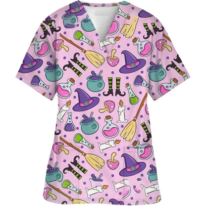 Women Short-Sleeved V-Neck Nurse Top Halloween Women's Fashion Casual Printing Top Protective Work Suit Medical Working Uniform