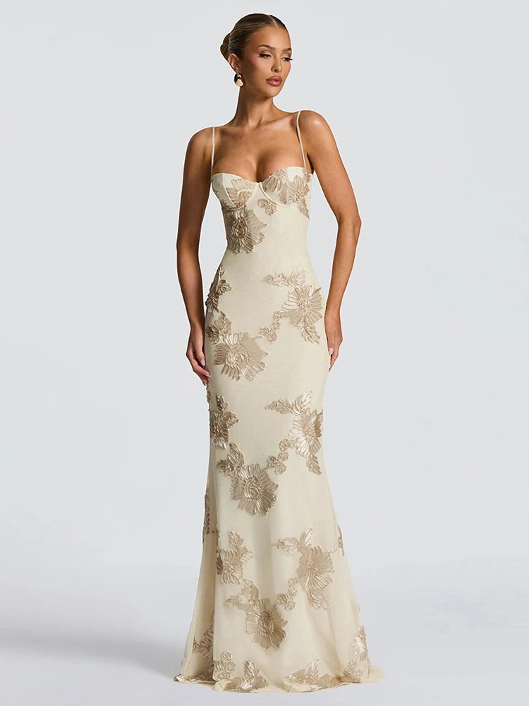 Nibber Elegant Flower Embroidery Maxi Dress Women Low-Neck Cross Bandage Backless Summer Street Trend Skinny Holiday Vestidos