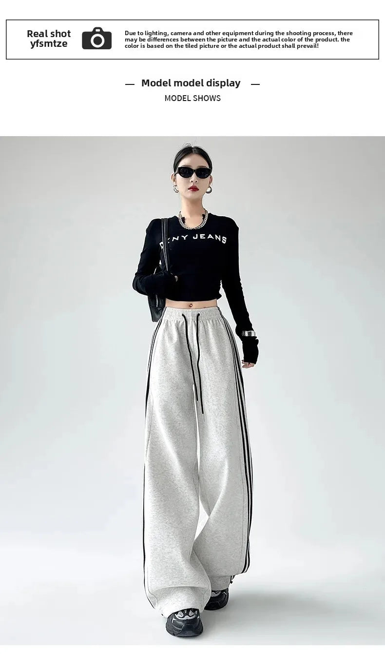Black Striped Sports Pants Women's Spring Autumn Wide Leg Casual Loose High Waist Straight Leg Sweatpants