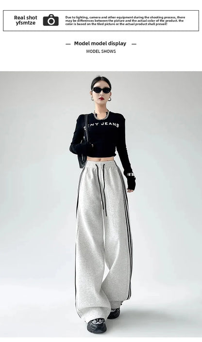 Black Striped Sports Pants Women's Spring Autumn Wide Leg Casual Loose High Waist Straight Leg Sweatpants