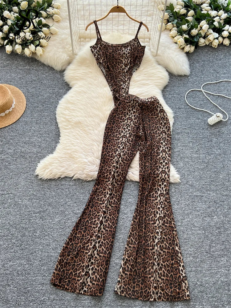 SINGREINY 2025 & 2026 Newest Leopard 2pcs Suits Women Sexy Strap Tops+Elastic Waist Flared Pants American Ins Fashion Hotsweet Sets