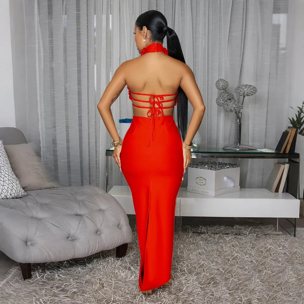 Sister Star Women Dress 2025 Sexy Hottie Solid Color Fresh Hanging Neck Big Flowers Light Luxury Nightclub Party Evening Dresses